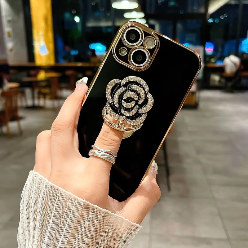 New plating Metal Folding Rotating Diamond Rose Flower Stand Phone Case For Iphone 16 15 14 13 11Pro Max Elegant Anti-fall Cover