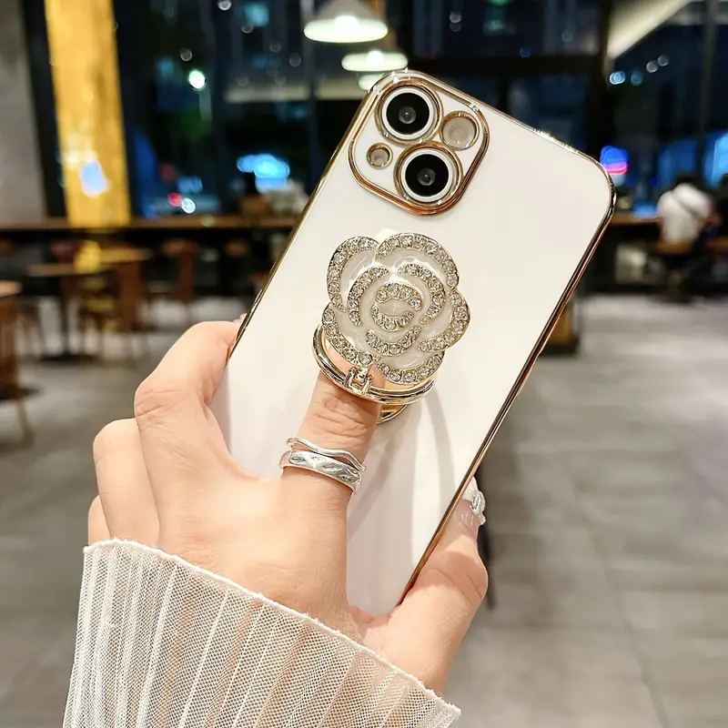 New plating Metal Folding Rotating Diamond Rose Flower Stand Phone Case For Iphone 16 15 14 13 11Pro Max Elegant Anti-fall Cover