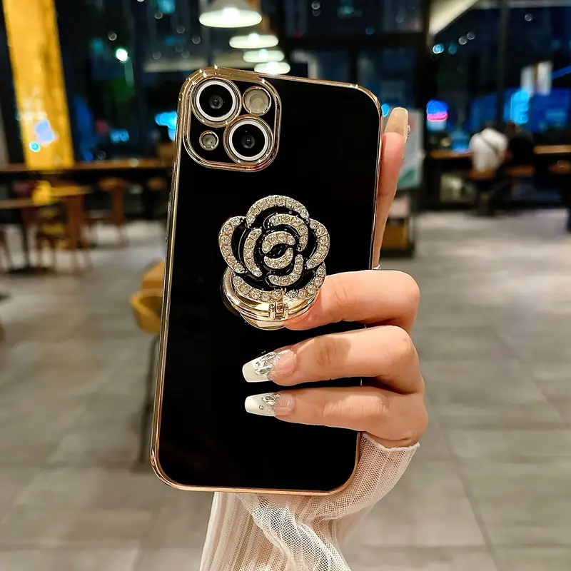 New plating Metal Folding Rotating Diamond Rose Flower Stand Phone Case For Iphone 16 15 14 13 11Pro Max Elegant Anti-fall Cover