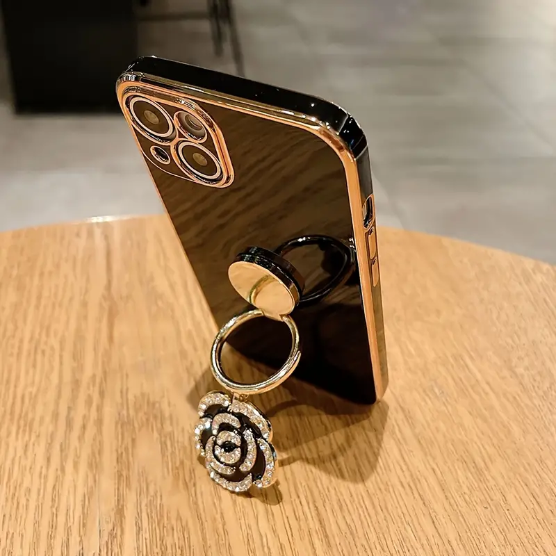 New plating Metal Folding Rotating Diamond Rose Flower Stand Phone Case For Iphone 16 15 14 13 11Pro Max Elegant Anti-fall Cover