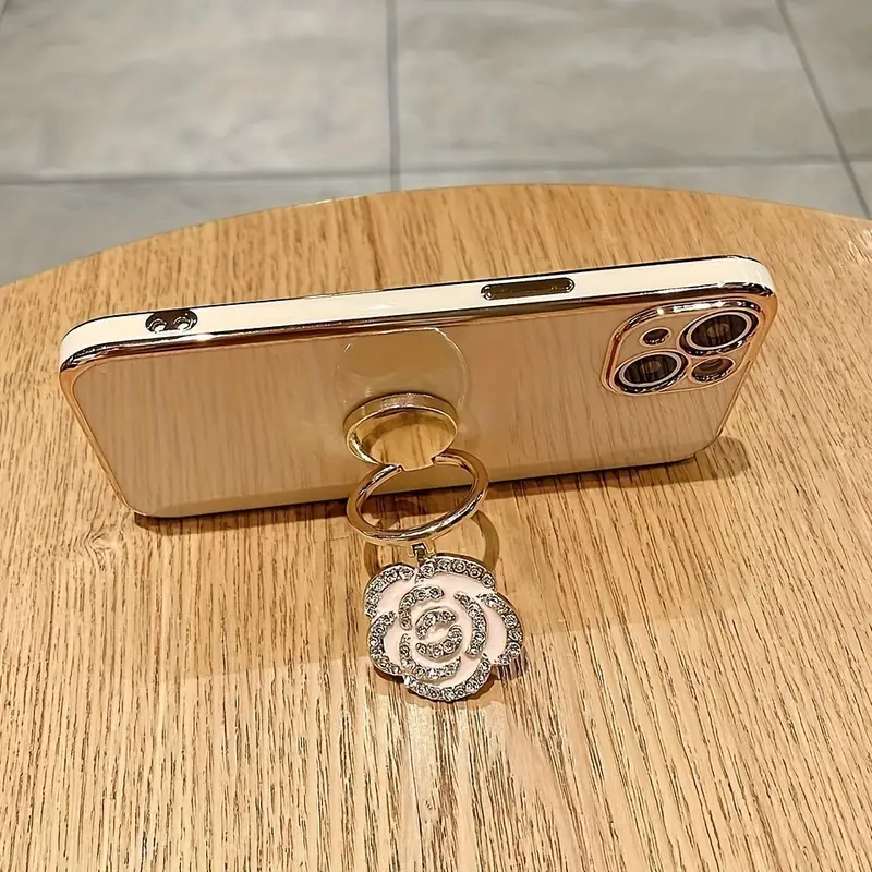 New plating Metal Folding Rotating Diamond Rose Flower Stand Phone Case For Iphone 16 15 14 13 11Pro Max Elegant Anti-fall Cover