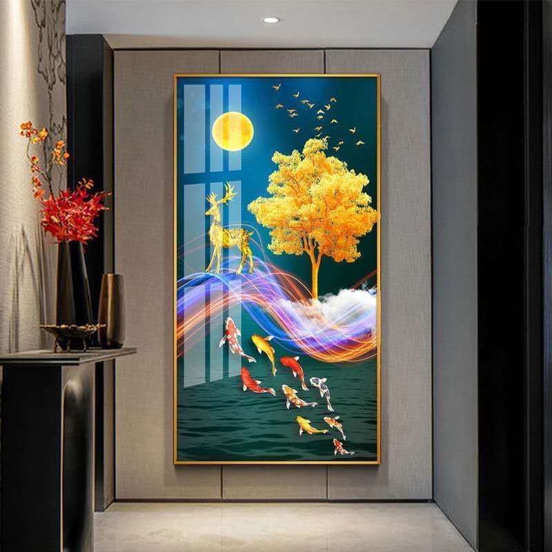 Luxury entrance decoration vertical crystal porcelain with 5d diamonds koi fish wall art canvas painting