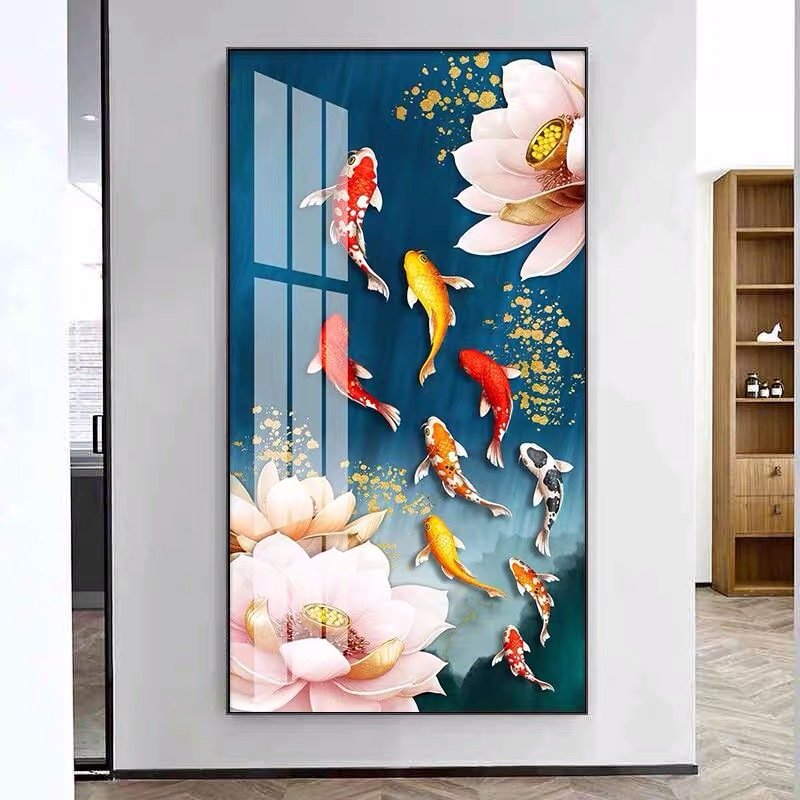 Luxury entrance decoration vertical crystal porcelain with 5d diamonds koi fish wall art canvas painting