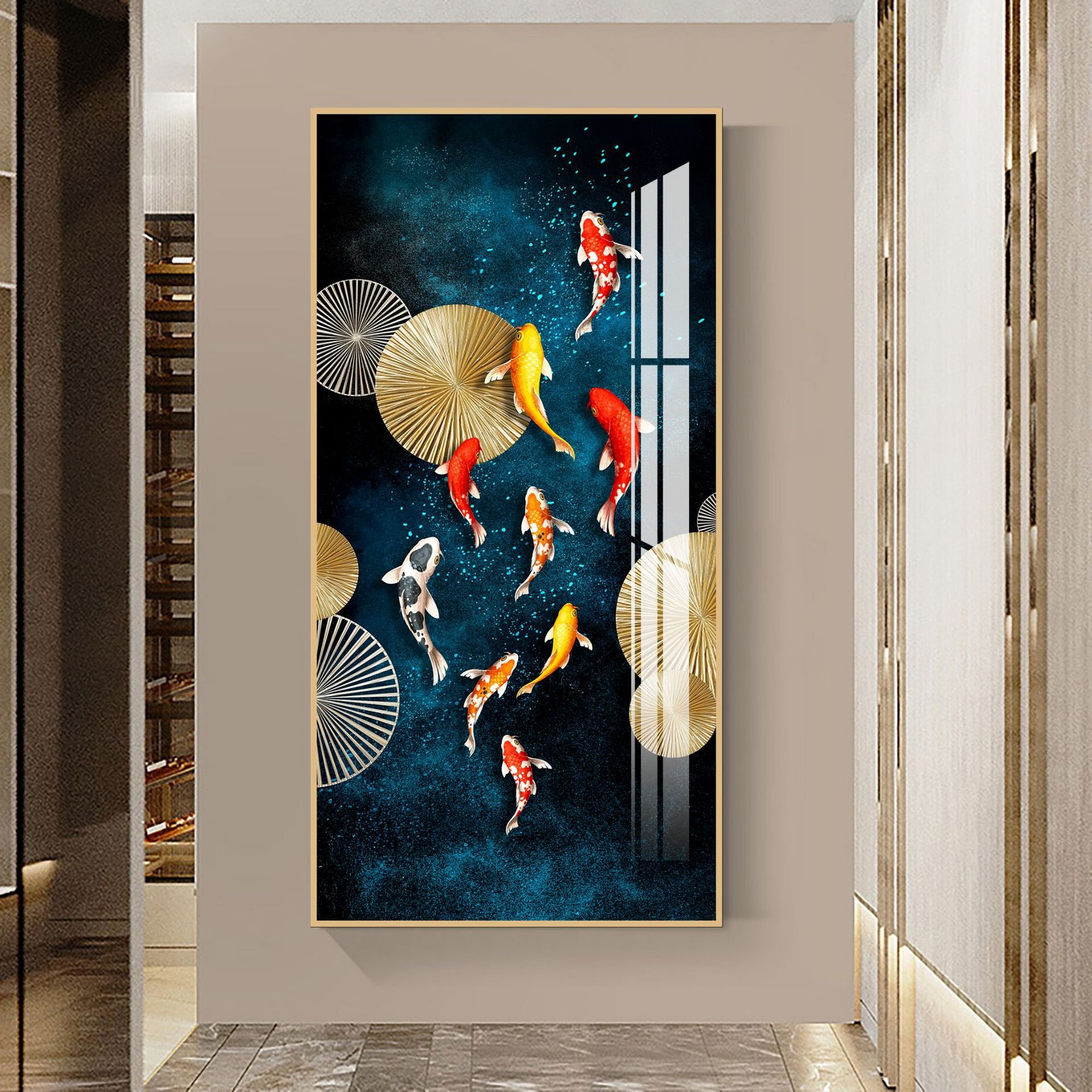 Luxury entrance decoration vertical crystal porcelain with 5d diamonds koi fish wall art canvas painting