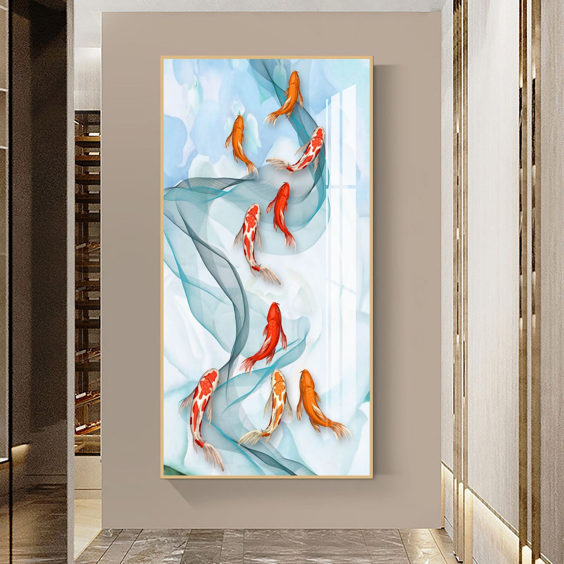 Luxury entrance decoration vertical crystal porcelain with 5d diamonds koi fish wall art canvas painting