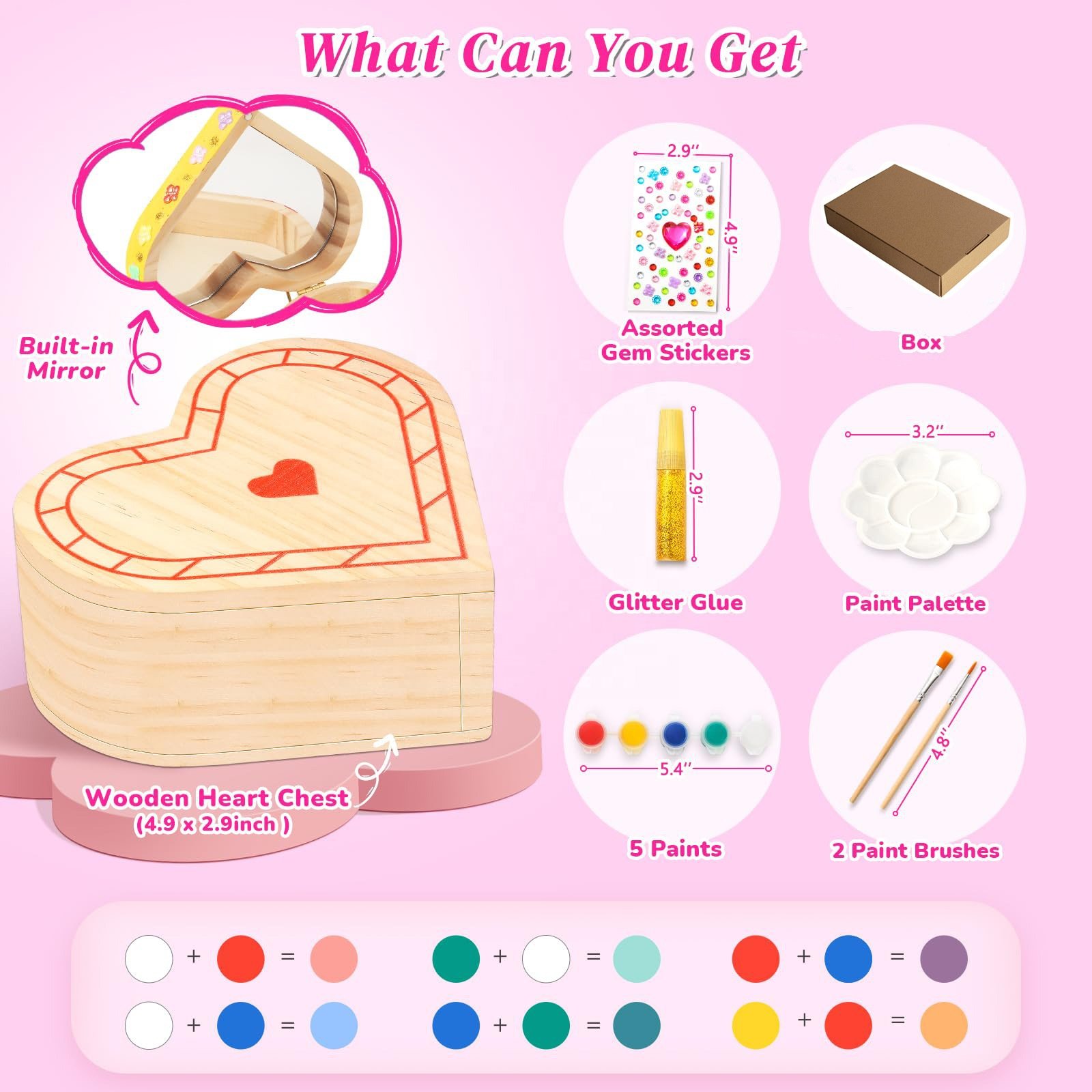Wooden Heart-Shaped Treasure Diamonds Painting Jewelry Box Kit Toddler Girl's Christmas Arts Crafts Set Kids' Own Drawing Toys