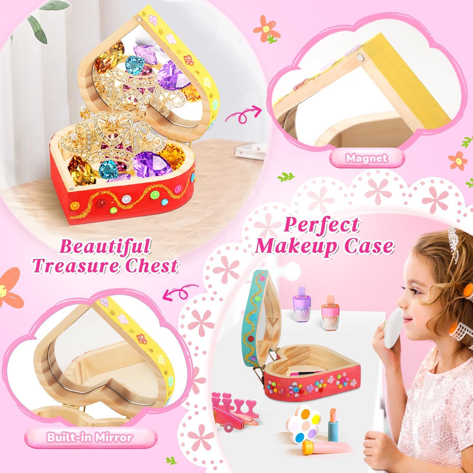 Wooden Heart-Shaped Treasure Diamonds Painting Jewelry Box Kit Toddler Girl's Christmas Arts Crafts Set Kids' Own Drawing Toys