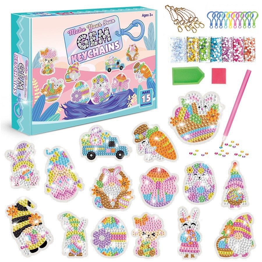 15PCS DIY Keychain Full Drill Crystal Lovely Animals Unicorn Big Gem 5D Diamond Painting for Kids