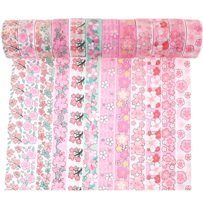 12 Rolls Pink Flower Washi Tape Set Gold Foil Masking Decorative Washi Tapes for DIY Crafts,Journals,Planners,Scrapbook,Wrapping