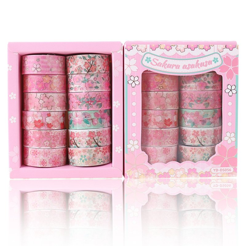 12 Rolls Pink Flower Washi Tape Set Gold Foil Masking Decorative Washi Tapes for DIY Crafts,Journals,Planners,Scrapbook,Wrapping