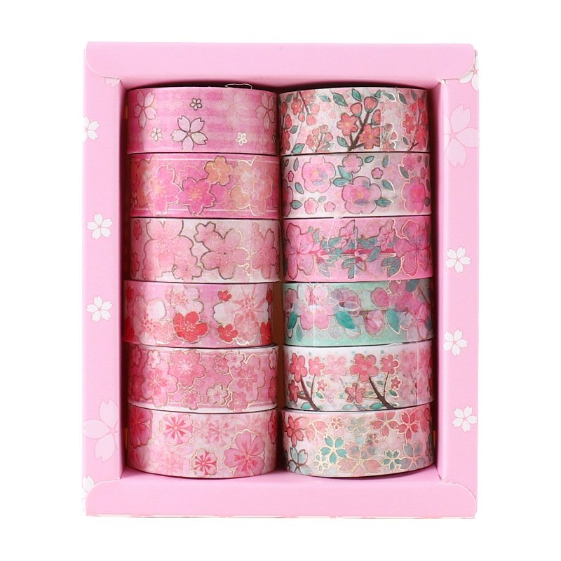 12 Rolls Pink Flower Washi Tape Set Gold Foil Masking Decorative Washi Tapes for DIY Crafts,Journals,Planners,Scrapbook,Wrapping