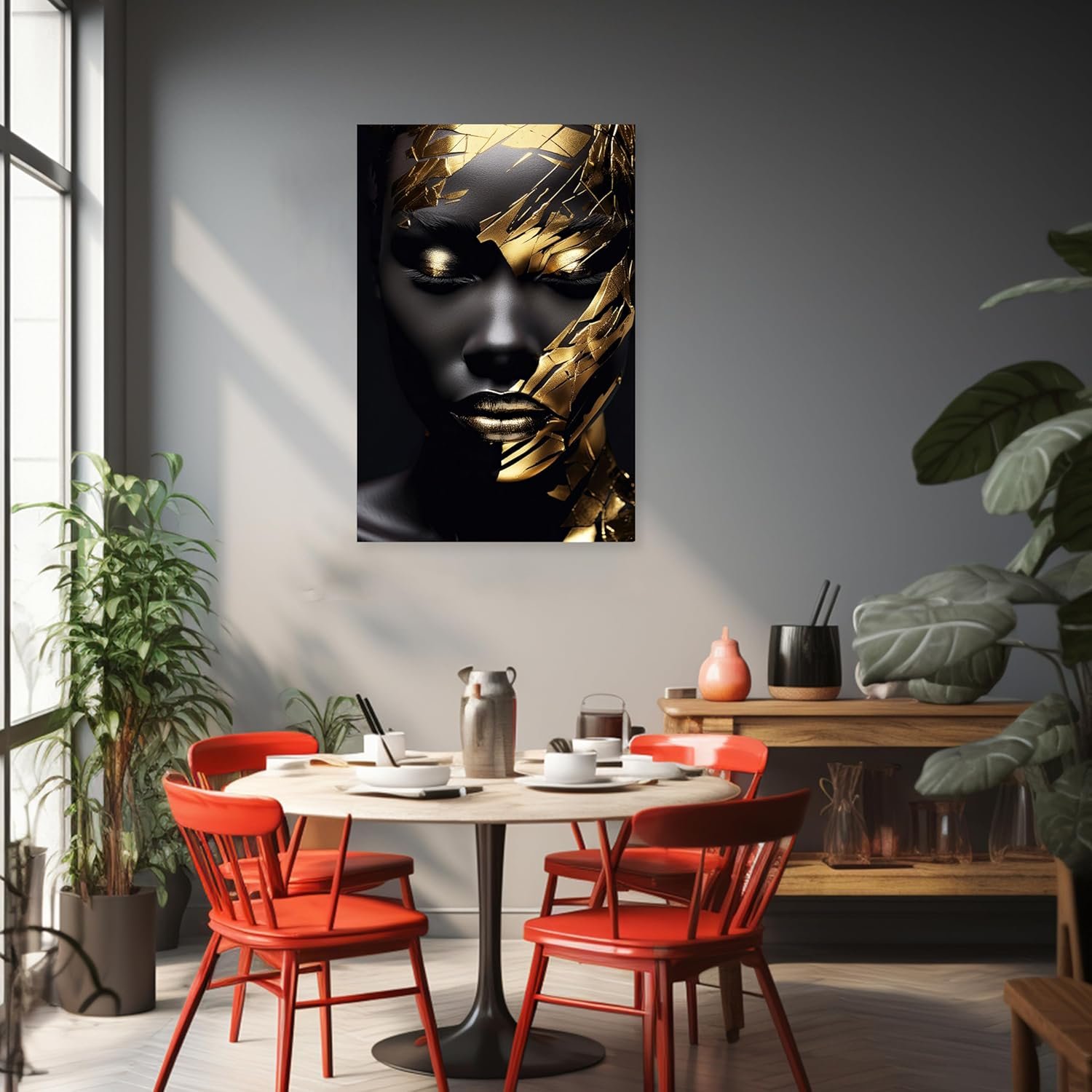 Black and Gold Egyptian Queen Black Canvas Wall Art Greyscale Master Bedroom Decor African Girl Artwork for Decor