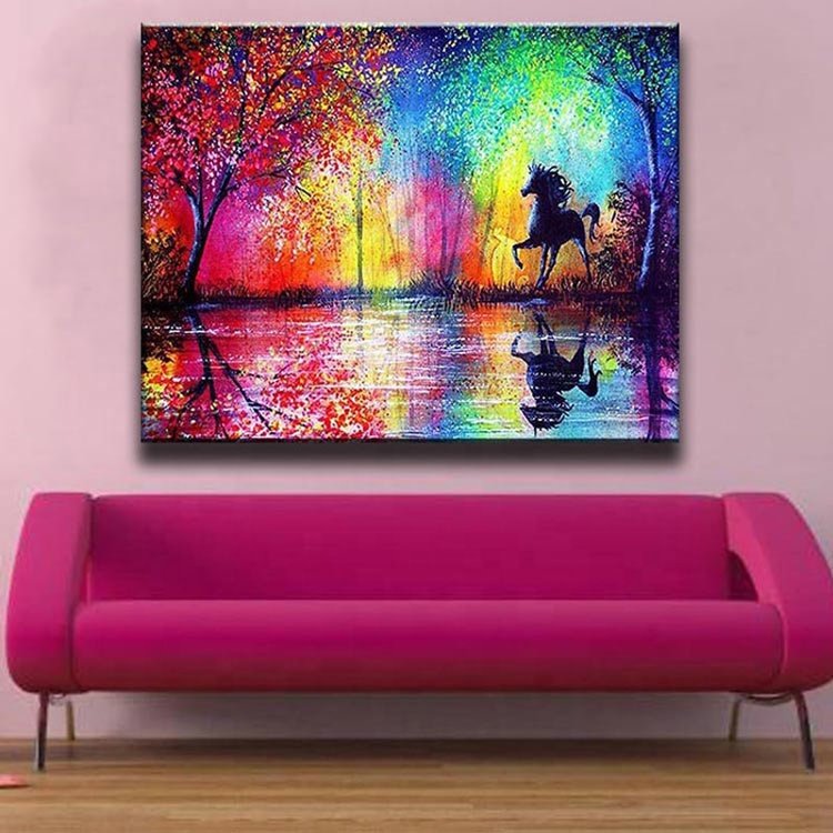 Ever Moment Diamond Painting Colorful Tree Running Black Horse 5D DIY Full Square Drill Artwork ASF1769