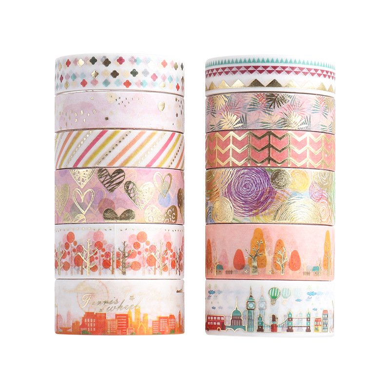 12 Rolls Gold Foil Colorful Flower Washi Tape Set Decorative Masking Tape for DIY Craft Scrapbooking Gift Wrapping
