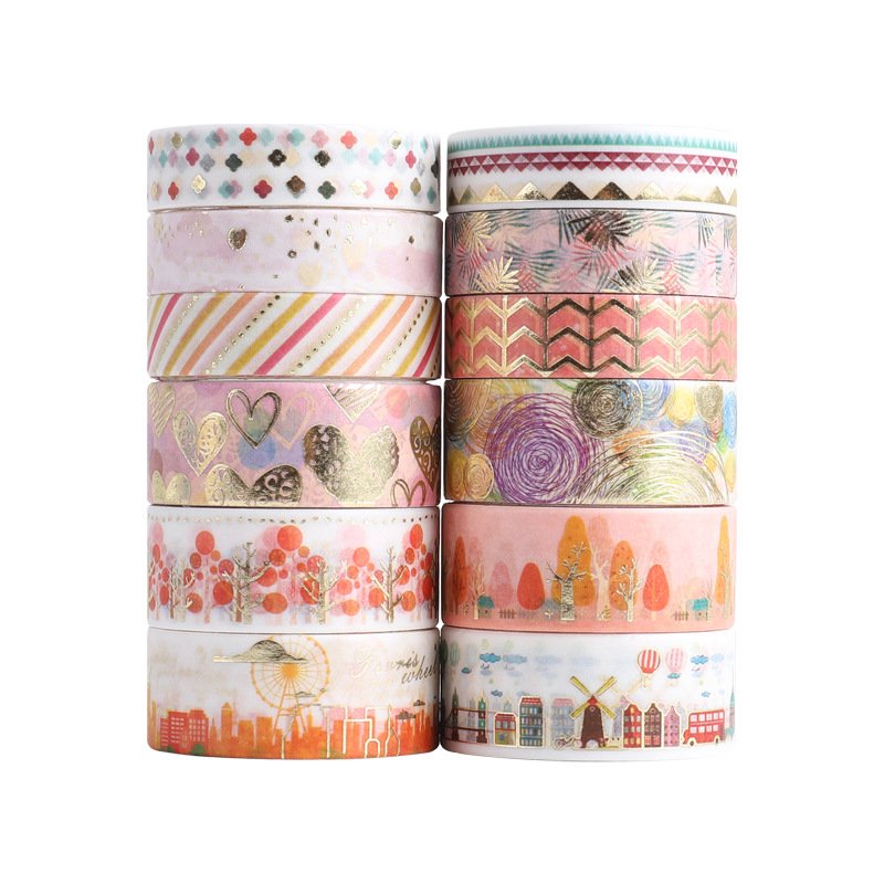 12 Rolls Gold Foil Colorful Flower Washi Tape Set Decorative Masking Tape for DIY Craft Scrapbooking Gift Wrapping