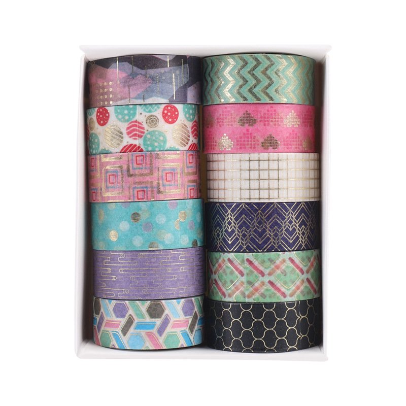 12 Rolls Gold Foil Geometric Washi Masking Tape Set,Decorative Craft Washi Tape Collection for DIY and Gift Wrapping
