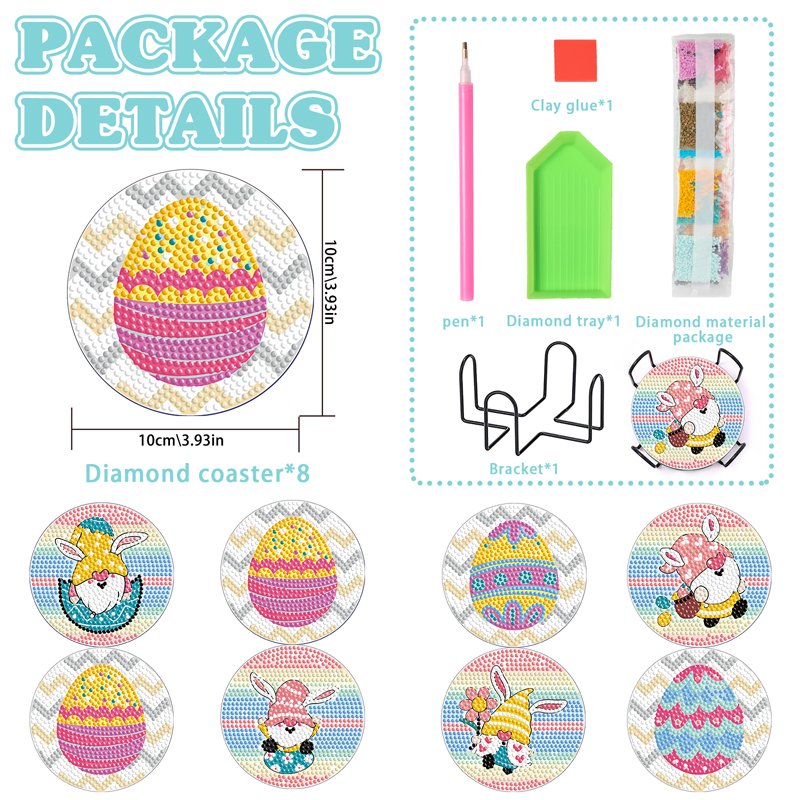 5d Crystal Diamond Painting Coaster 8 Pieces Set Diy Cartoon Pink Rabbit Egg Easter With Holder