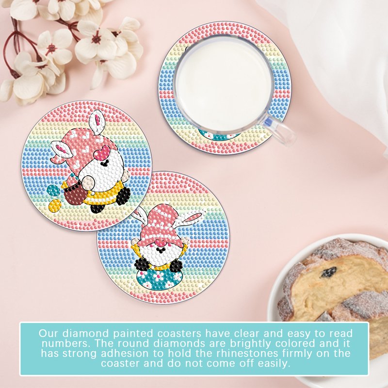 5d Crystal Diamond Painting Coaster 8 Pieces Set Diy Cartoon Pink Rabbit Egg Easter With Holder