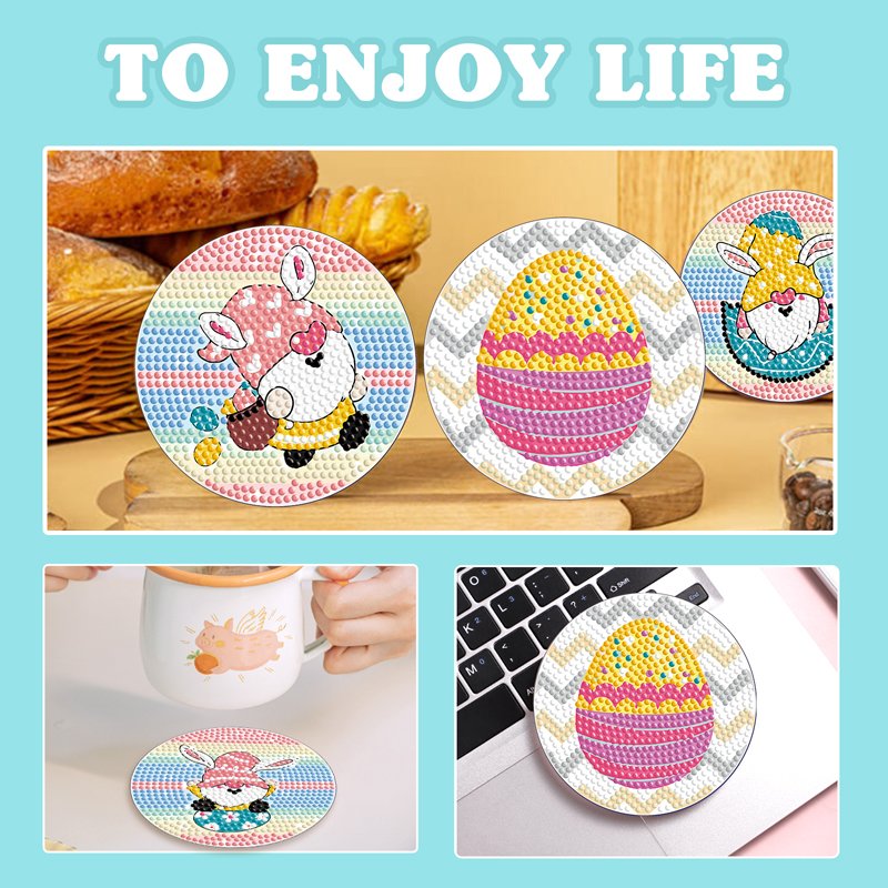 5d Crystal Diamond Painting Coaster 8 Pieces Set Diy Cartoon Pink Rabbit Egg Easter With Holder