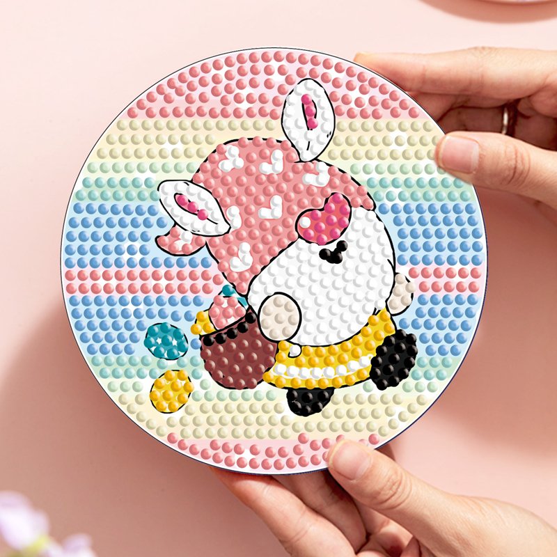 5d Crystal Diamond Painting Coaster 8 Pieces Set Diy Cartoon Pink Rabbit Egg Easter With Holder
