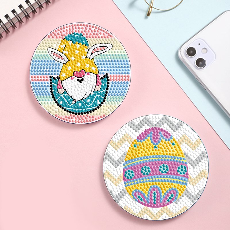 5d Crystal Diamond Painting Coaster 8 Pieces Set Diy Cartoon Pink Rabbit Egg Easter With Holder