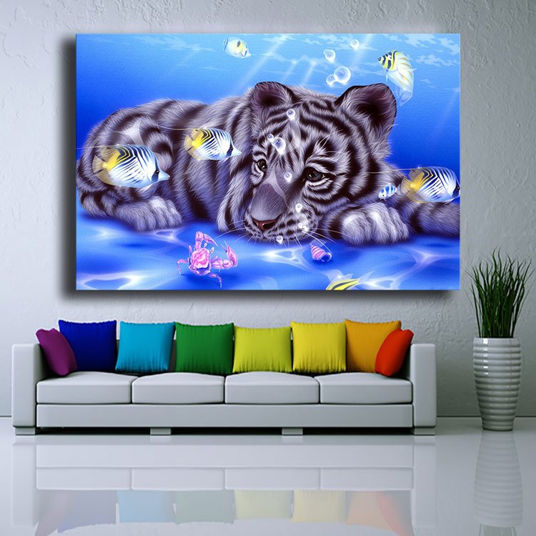 Ever Moment Diamond Painting Mosaic White Tiger Moon Fish 5D DIY AB Drill Kits Picture Rhinestone Diamond Embroidery 3F2241