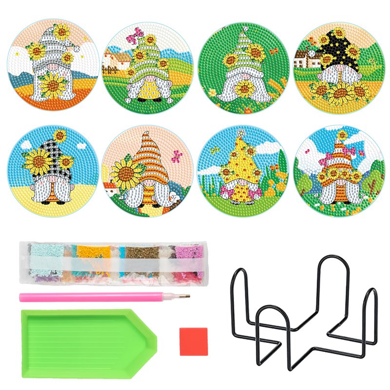 Diy 5d Diamond Painting Coaster Kits Sunflower Girl Gnome Cup Mat Acrylic Diamond Art Coaster with Iron Holder