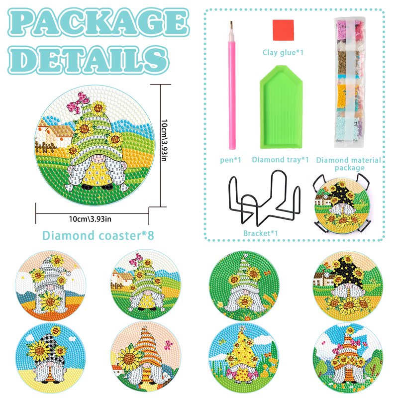 Diy 5d Diamond Painting Coaster Kits Sunflower Girl Gnome Cup Mat Acrylic Diamond Art Coaster with Iron Holder