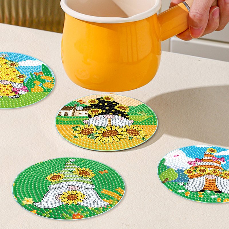 Diy 5d Diamond Painting Coaster Kits Sunflower Girl Gnome Cup Mat Acrylic Diamond Art Coaster with Iron Holder