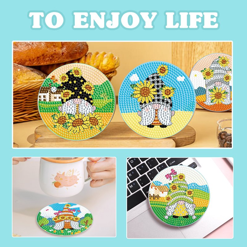 Diy 5d Diamond Painting Coaster Kits Sunflower Girl Gnome Cup Mat Acrylic Diamond Art Coaster with Iron Holder
