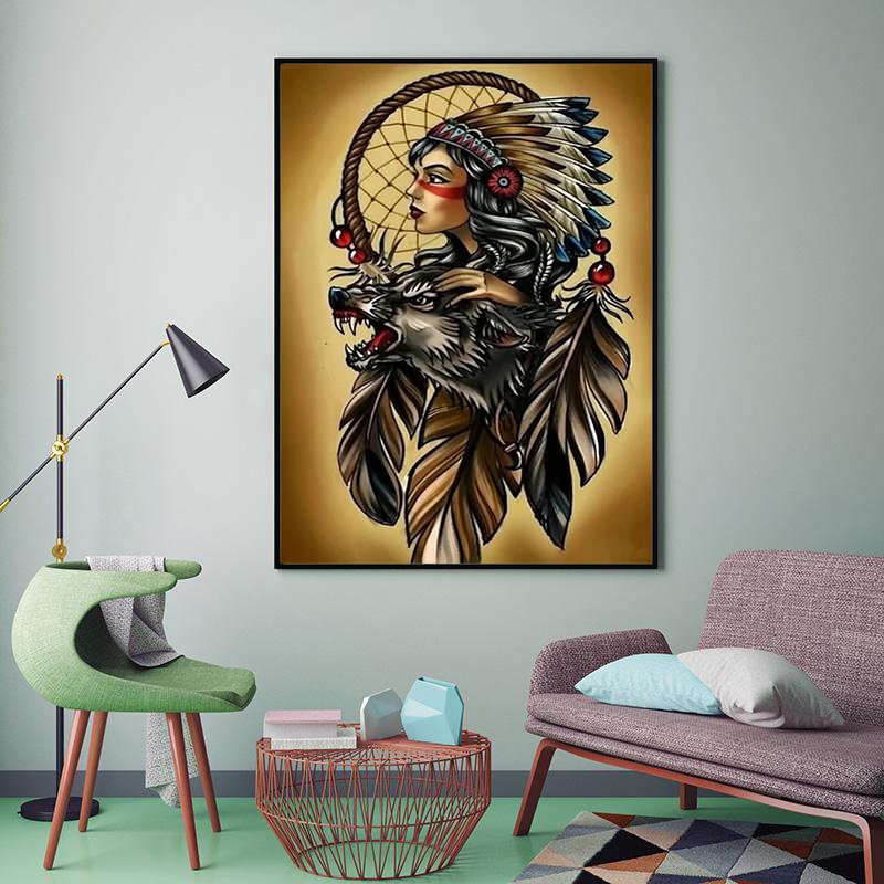 DIY Diamond Painting Full Drill Creative Tribal Girl with Wolf Diamond Painting Portrait Picture