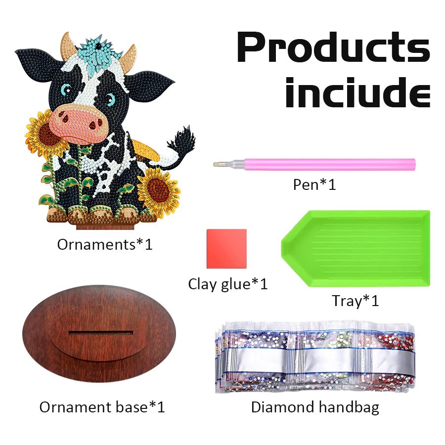 Stand Up Diamonds Painting Kit Cow with Sunflower,Diamond Art Desktop Animal Gem Diamond Painting Ornament Kit for Adults
