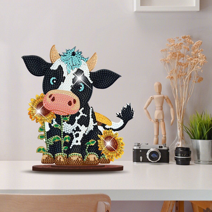 Stand Up Diamonds Painting Kit Cow with Sunflower,Diamond Art Desktop Animal Gem Diamond Painting Ornament Kit for Adults