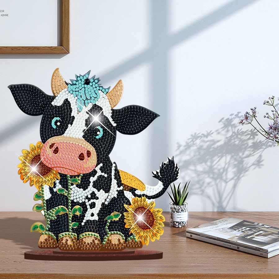 Stand Up Diamonds Painting Kit Cow with Sunflower,Diamond Art Desktop Animal Gem Diamond Painting Ornament Kit for Adults