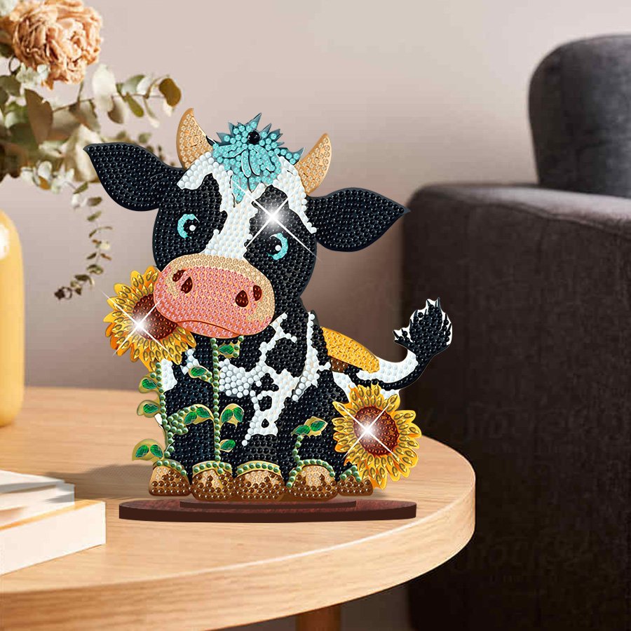 Stand Up Diamonds Painting Kit Cow with Sunflower,Diamond Art Desktop Animal Gem Diamond Painting Ornament Kit for Adults