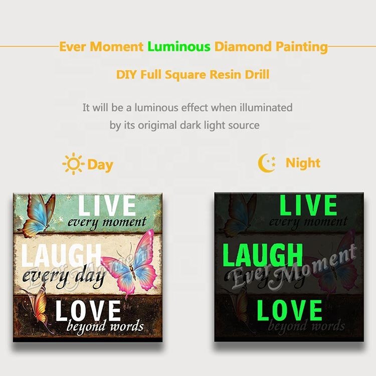Glowing in Dark Diamond Painting Live Laugh Love Wall Decoration 5D Resin Drills Gift Kit N010