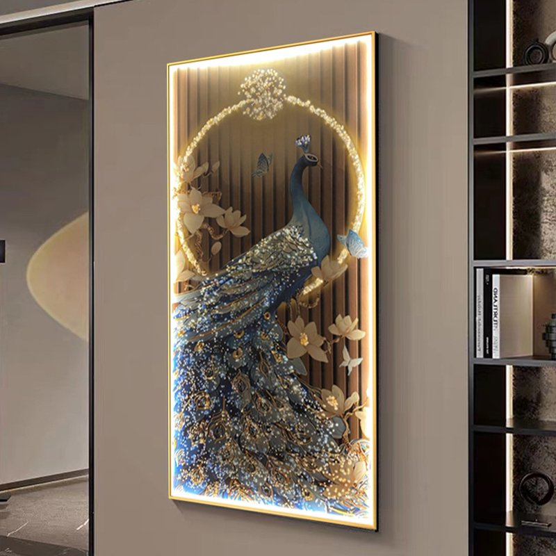 Modern Golden Landscape Animal Flowers led framed wall art crystal porcelain diamond glass painting peacock pictures
