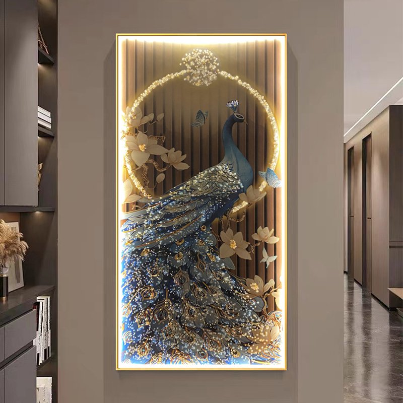 Modern Golden Landscape Animal Flowers led framed wall art crystal porcelain diamond glass painting peacock pictures