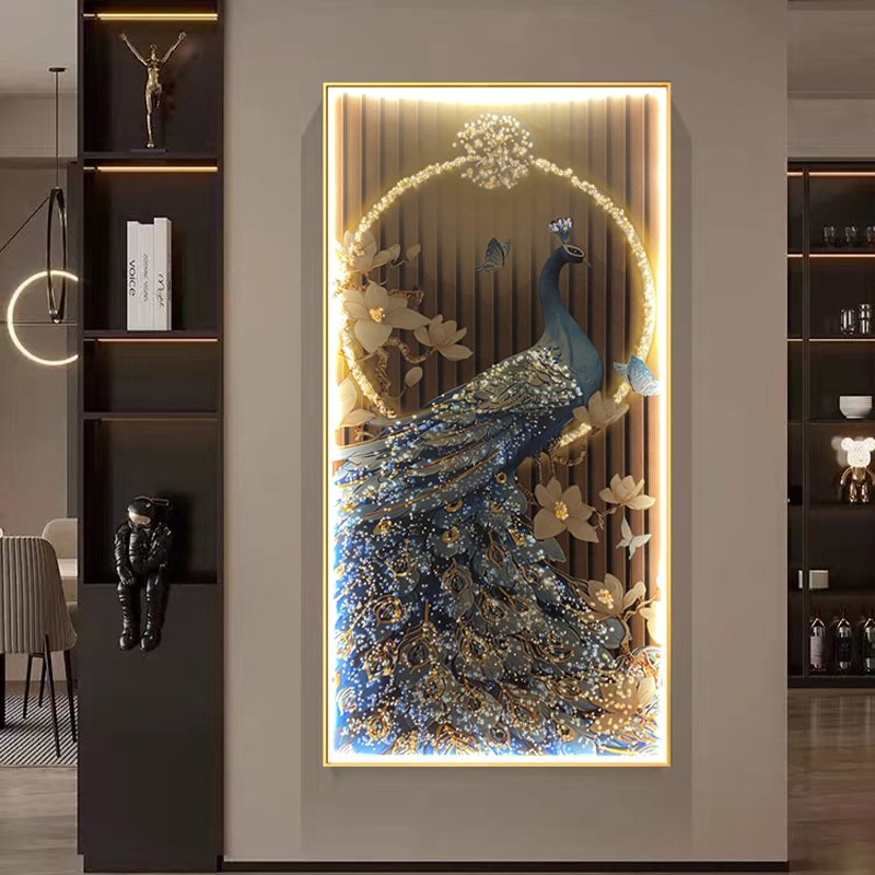 Modern Golden Landscape Animal Flowers led framed wall art crystal porcelain diamond glass painting peacock pictures