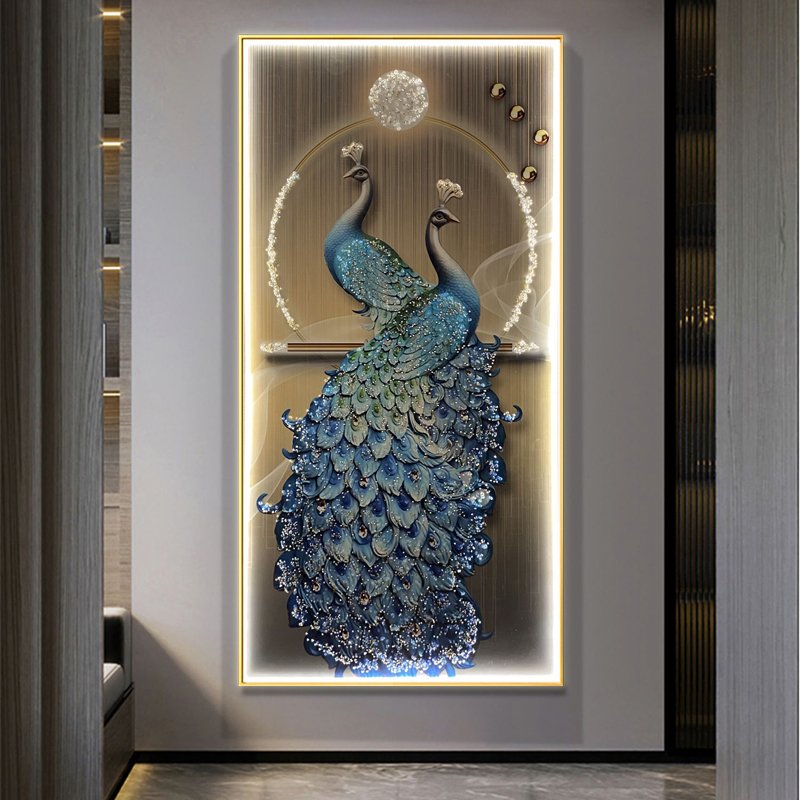Modern Golden Landscape Animal Flowers led framed wall art crystal porcelain diamond glass painting peacock pictures