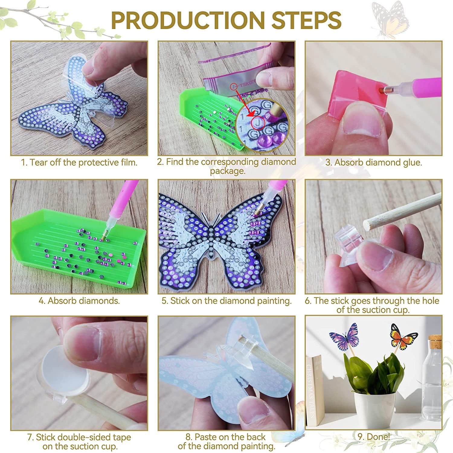 DIY Butterfly Garden Stake Diamond Art Kits Home Plants Decor Crafts with Diamond Paintings Easy to Follow Instructions