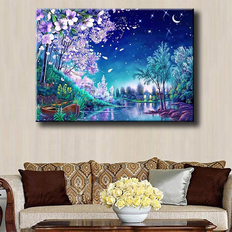 Ever Moment Diamond Painting Handmade Lake Flower Tree Moon Full Square Rhinestone Decoration Art 3F1113