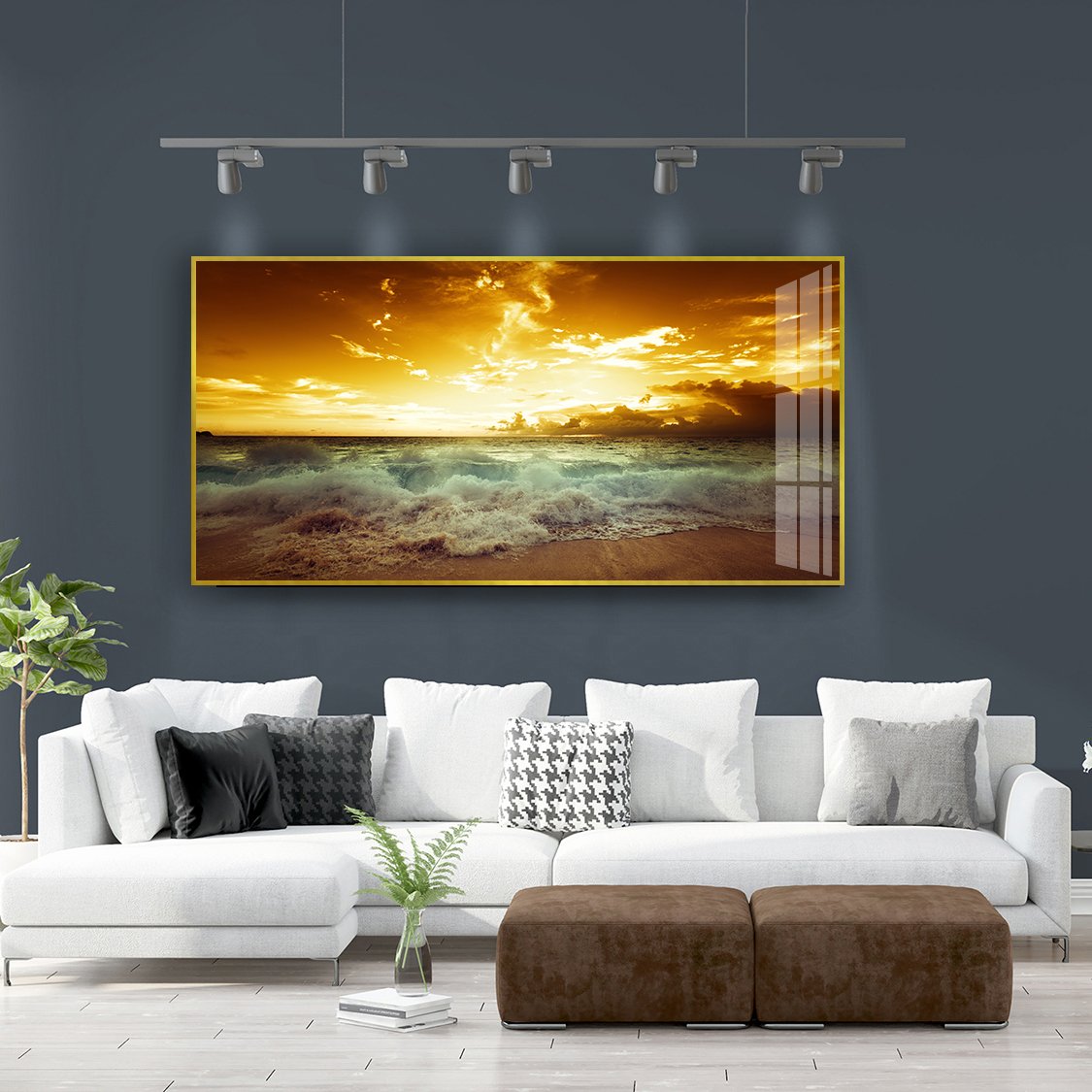 Modern minimalist scenery, living room sofa, high-end feeling, Loess Plateau horizontal plate crystal porcelain painting