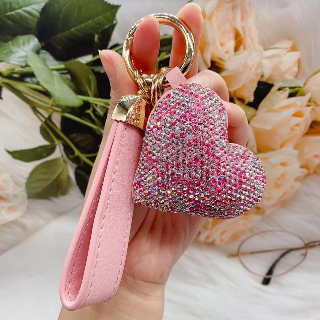 Luxury Car Key Chain Cute Heart Bear Animal Leather Rhinestone Keychain Bling Handmade Crystal Keyring Key Chain Jewelry Gifts