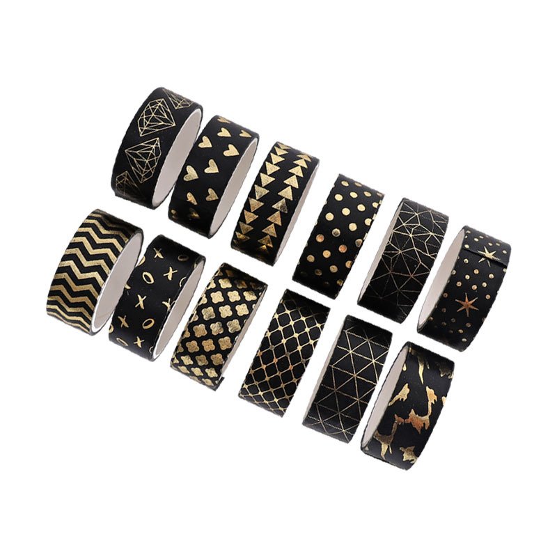 12 Rolls Fantasy Black Night Star Flower Washi Tape Set,Occasional Motto Journal Gold Foil Washi Tapes