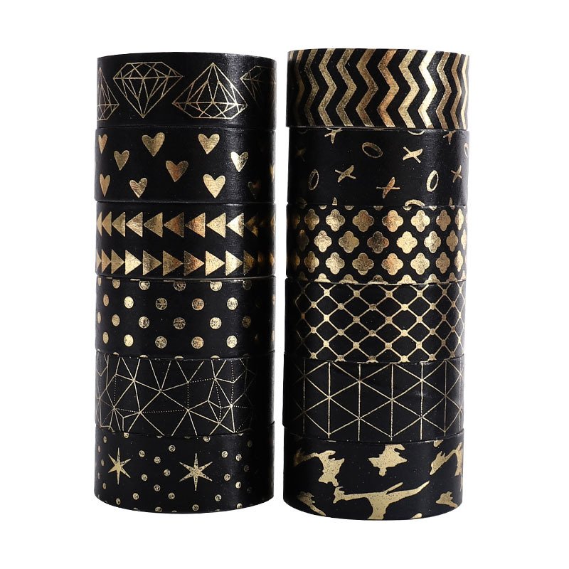12 Rolls Fantasy Black Night Star Flower Washi Tape Set,Occasional Motto Journal Gold Foil Washi Tapes