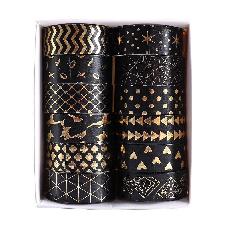 12 Rolls Fantasy Black Night Star Flower Washi Tape Set,Occasional Motto Journal Gold Foil Washi Tapes