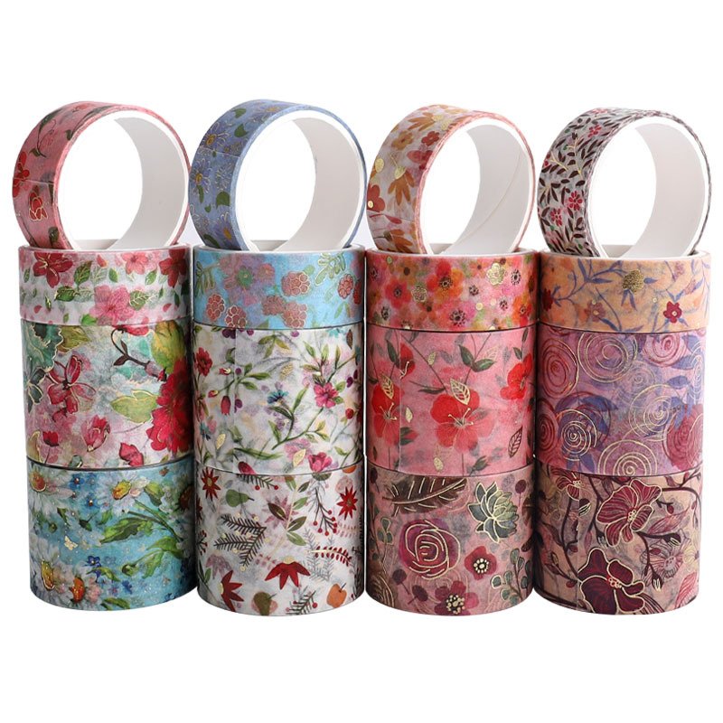 16 Rolls Flower Gold Foil Paper Washi Tape Set Decorative Masking Washi Tape for DIY Crafts Book