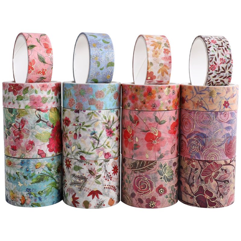 16 Rolls Flower Gold Foil Paper Washi Tape Set Decorative Masking Washi Tape for DIY Crafts Book