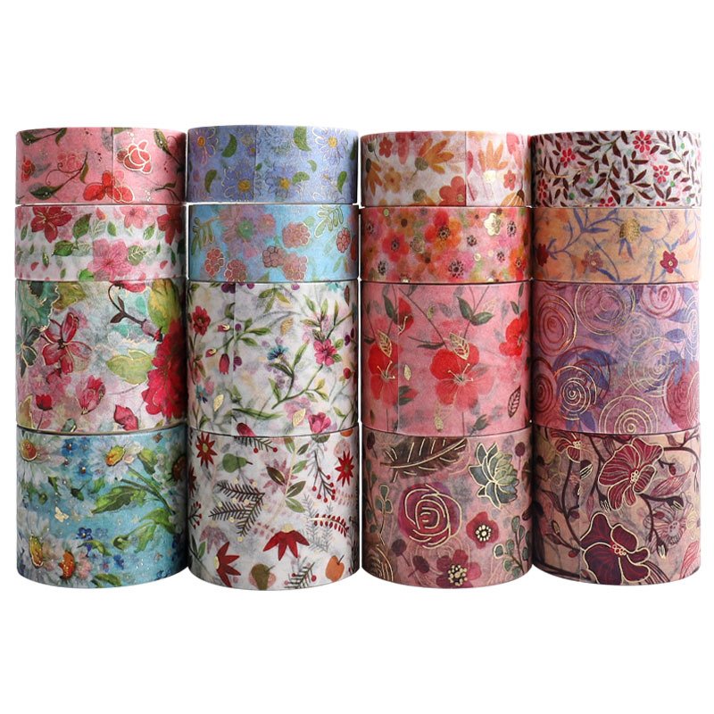 16 Rolls Flower Gold Foil Paper Washi Tape Set Decorative Masking Washi Tape for DIY Crafts Book